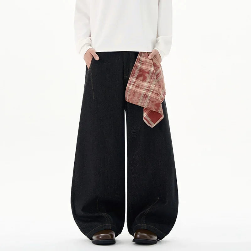 Dark Wash Balloon Jeans with Plaid Bandana-streetwear-techwear