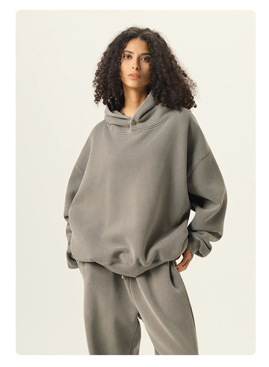 Essential Vintage Wash Button Neck Hoodie-streetwear-techwear