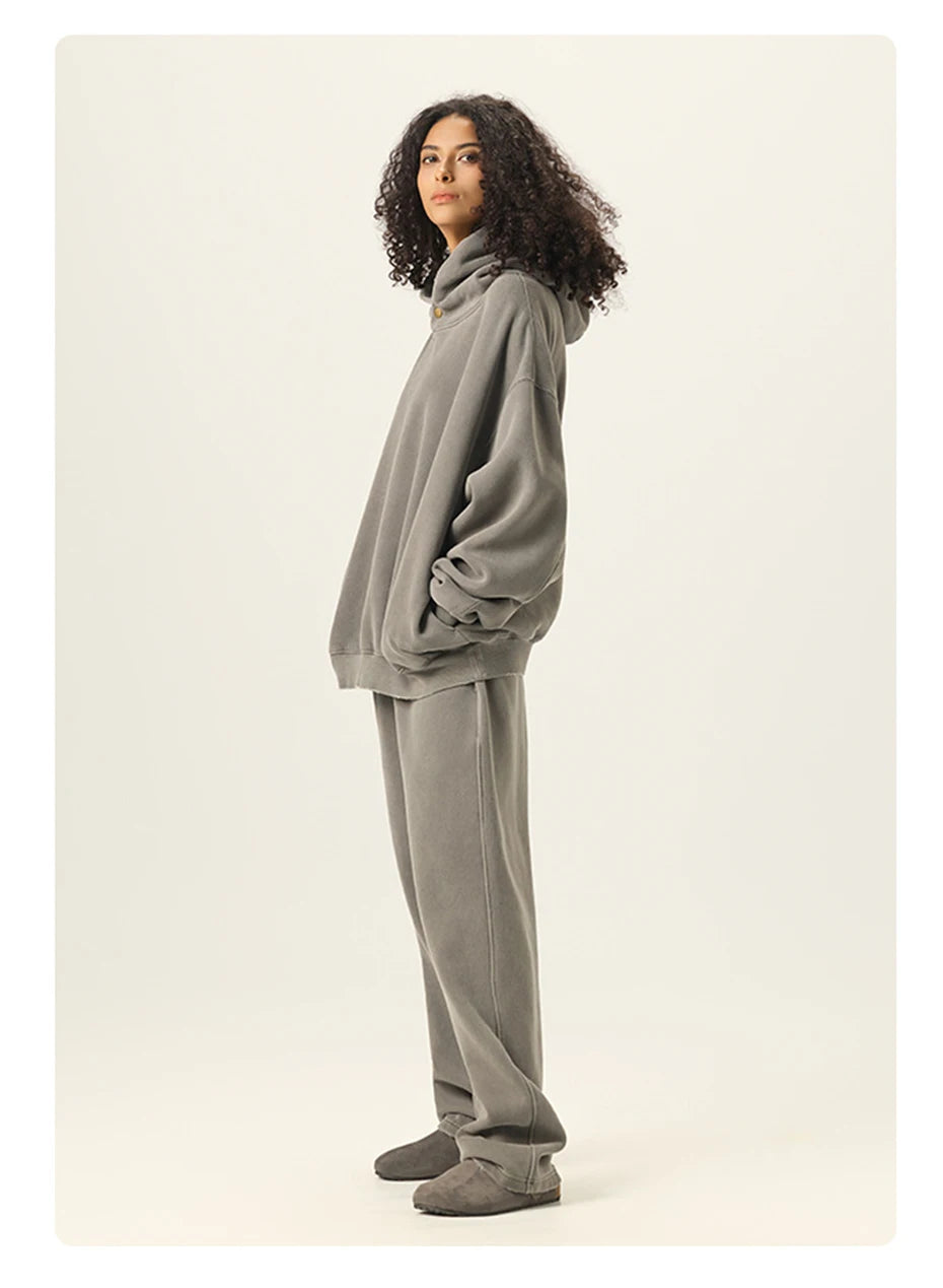 Essential Vintage Wash Button Neck Hoodie-streetwear-techwear
