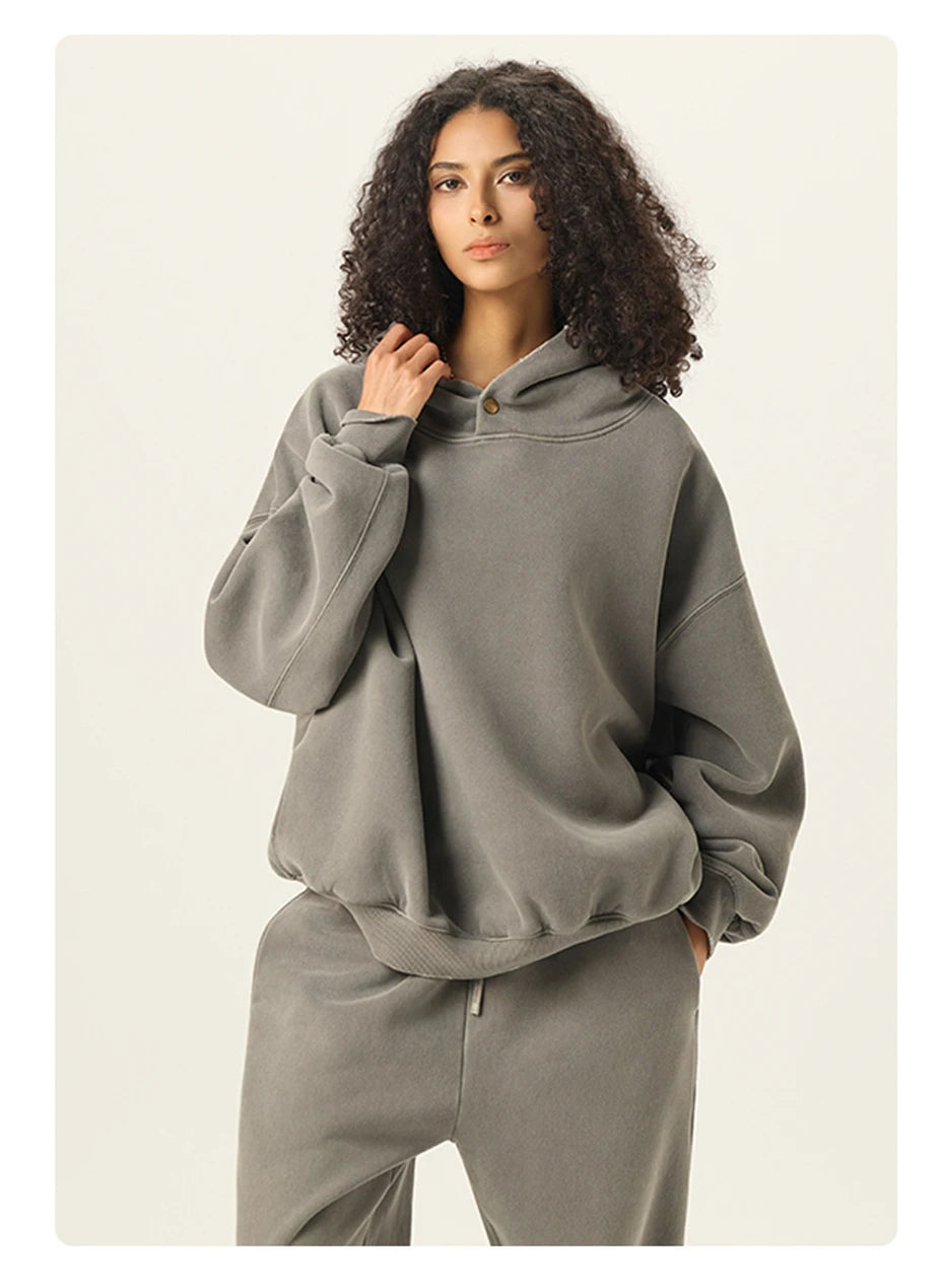 Essential Vintage Wash Button Neck Hoodie-streetwear-techwear