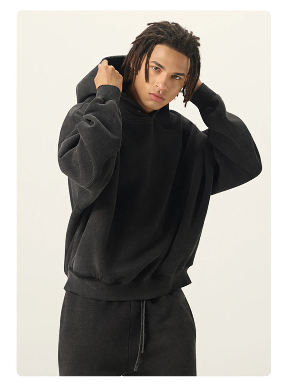 Essential Vintage Wash Button Neck Hoodie-streetwear-techwear