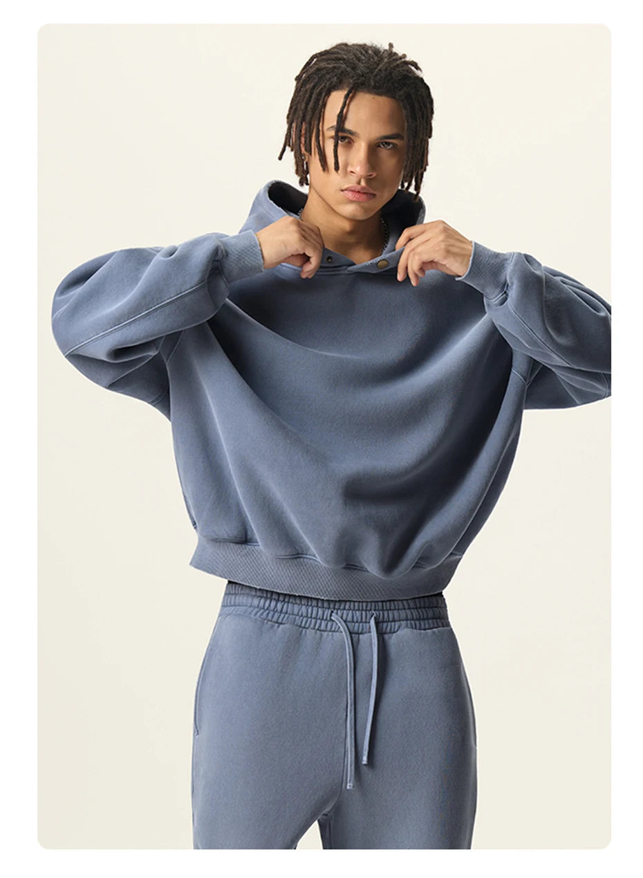 Essential Vintage Wash Button Neck Hoodie-streetwear-techwear