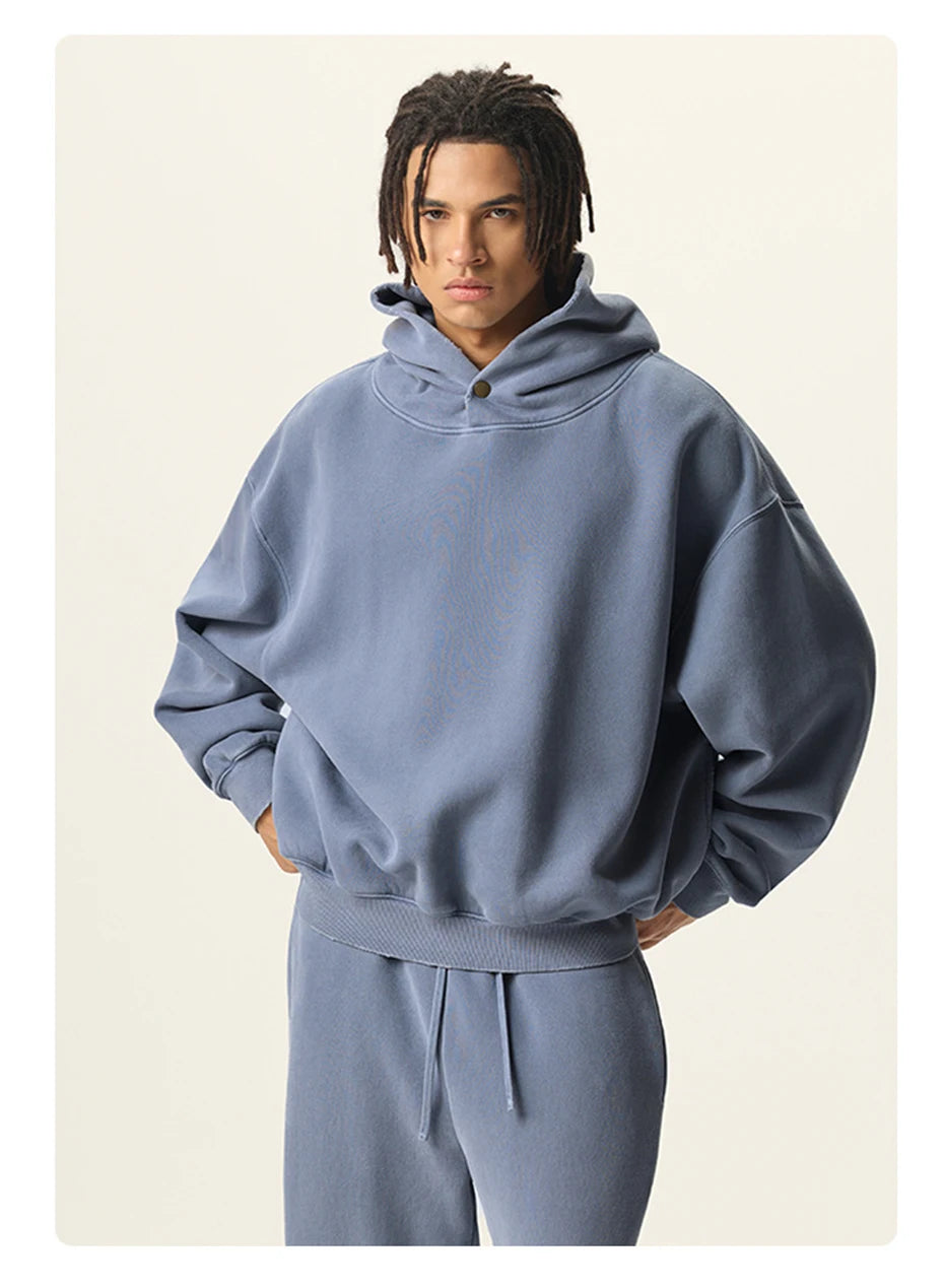 Essential Vintage Wash Button Neck Hoodie-streetwear-techwear
