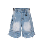 Frayed Layered Denim Jorts-streetwear-techwear