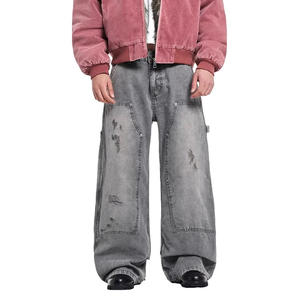Grey Washed Baggy Carpenter Jeans-streetwear-techwear