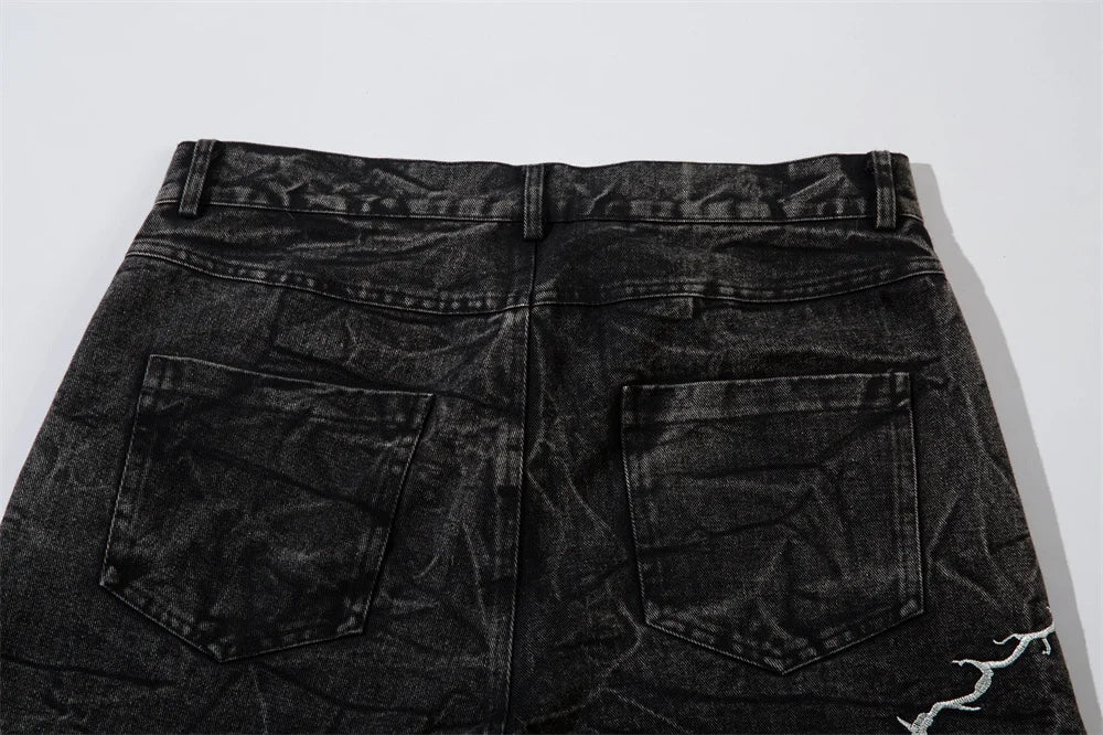 Lightning Embroidery Wide-Leg Jeans-streetwear-techwear