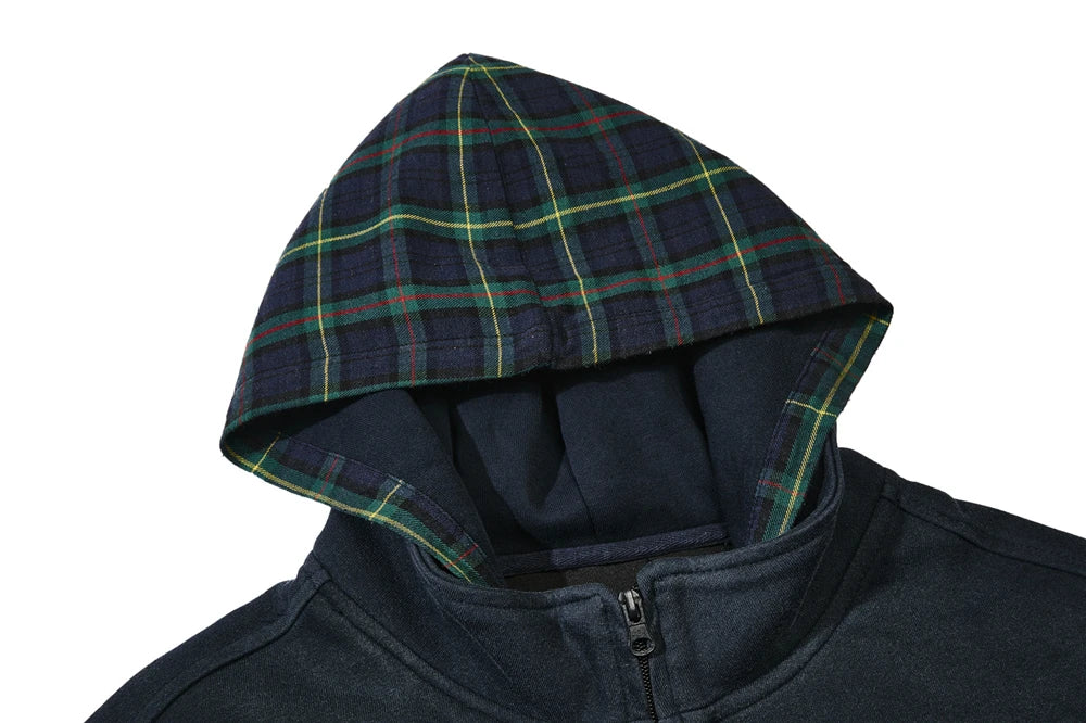 Plaid Hood Zip-up Hoodie-streetwear-techwear