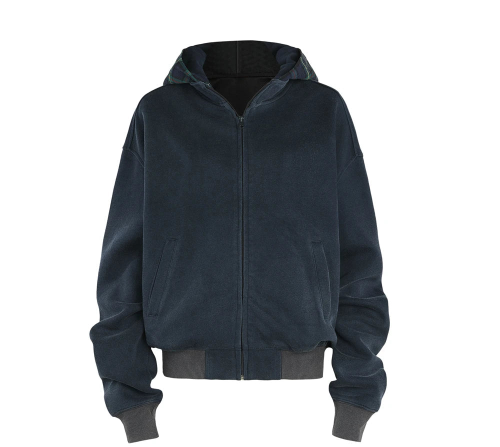 Plaid Hood Zip-up Hoodie-streetwear-techwear