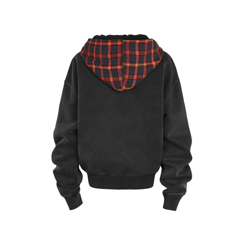 Plaid Hood Zip-up Hoodie-streetwear-techwear
