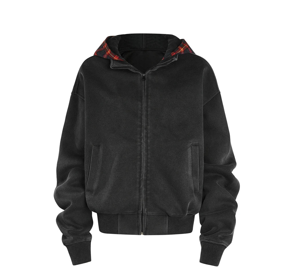 Plaid Hood Zip-up Hoodie-streetwear-techwear