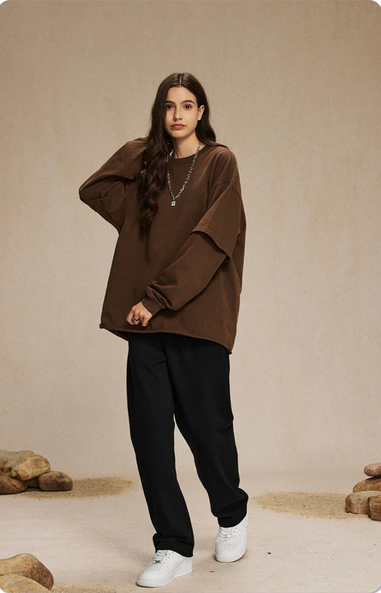 Washed Mock Double Layer Long Sleeve T-Shirt-streetwear-techwear