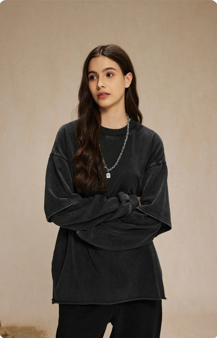 Washed Mock Double Layer Long Sleeve T-Shirt-streetwear-techwear